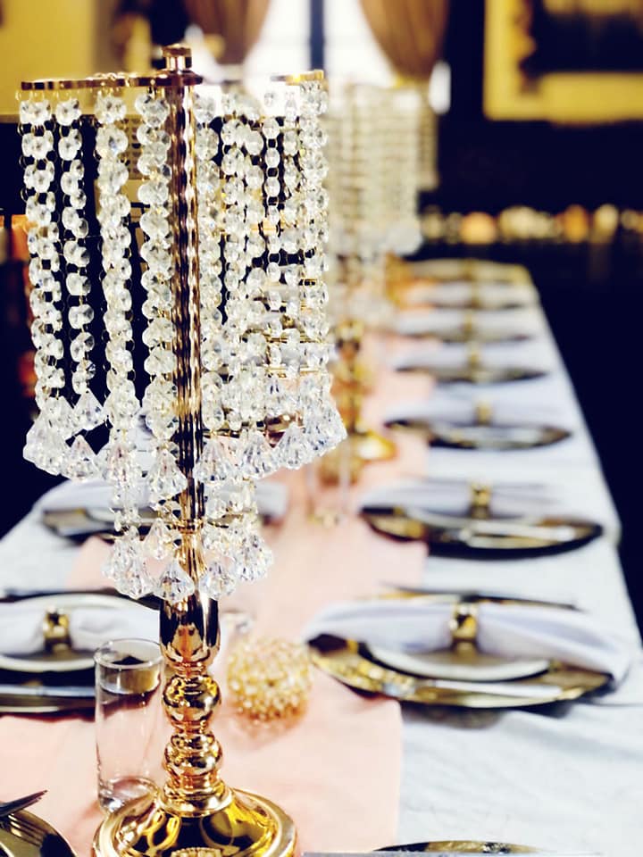 Crystal centrepieces on a Village Buffet banquet table